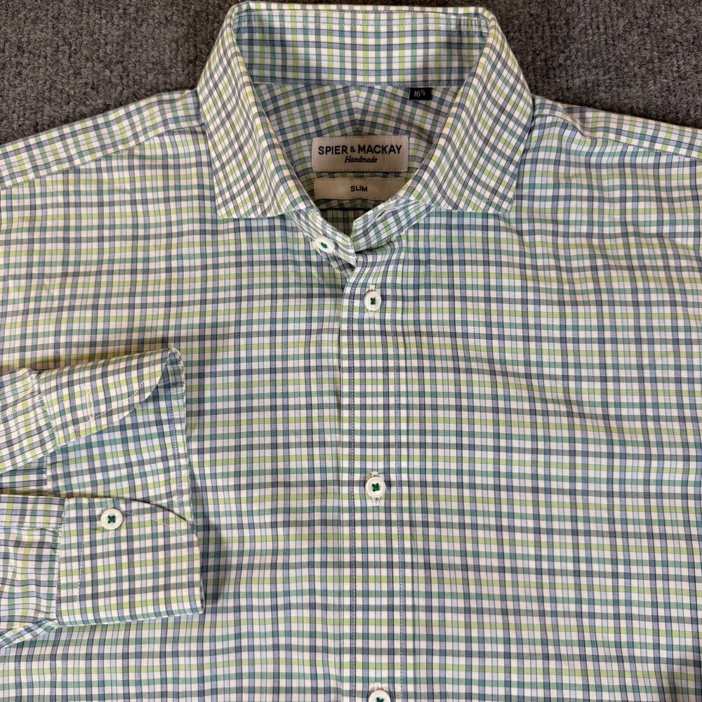 Spier & Mackay Handmade Slim Fit Dress Shirt Mens 16.5 Blue Green Check 3687